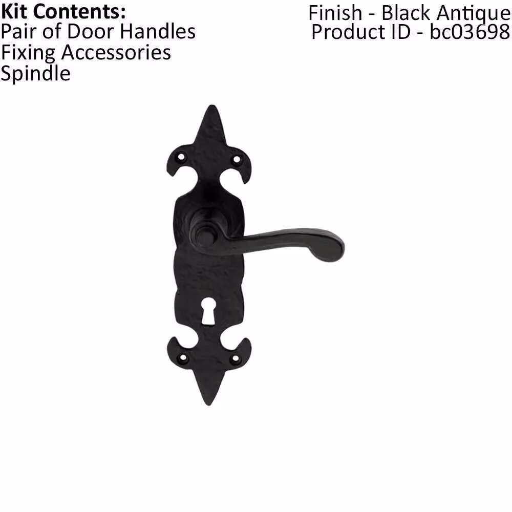 Loops Pair of Forged Scroll Lever Handles with Lock Backplate in Matt Black Antique, 20.6 x 5.7 cm – 2