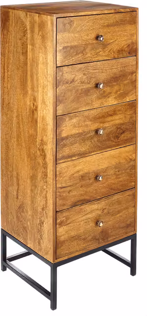 Elm Home And Garden Solid Mango Wood Tall Boy Chest of 5 Drawers in Brown
