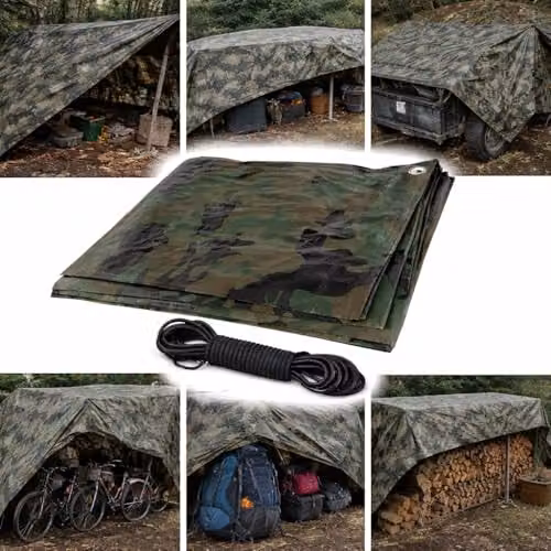 SolaDirect Camouflage Waterproof Tarpaulin with Aluminium Eyelets and Bungee Rope, Multicolour, W: 6 m, D: 6 m – 3
