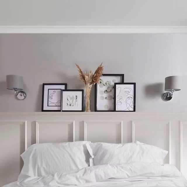 MiniSun Modern Chrome Curved Arm Wall Light with Grey Linen Drum Shade – 1