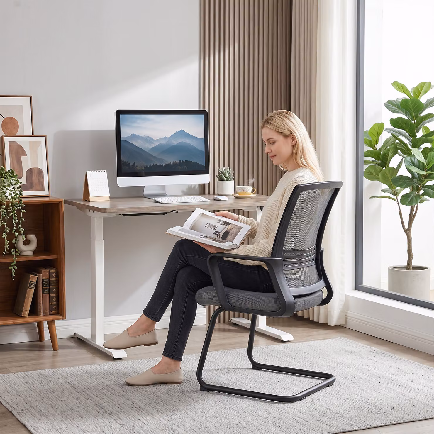 HOMCOM Ergonomic Padded Meeting Office Chair with Sled Base in Dark Grey – 7
