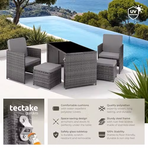 TecTake Grey Rattan Garden Furniture Set with 2 Lounge Armchairs, 2 Ottomans and 1 Glass Top Coffee Table – 2