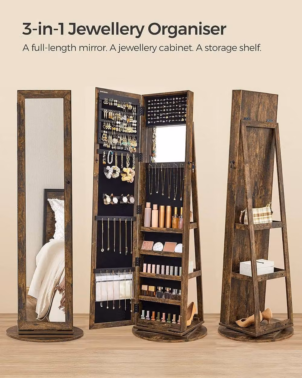 SONGMICS Freestanding Rustic Brown Jewellery Cabinet with Mirror, Internal Shelves and Lock – 3