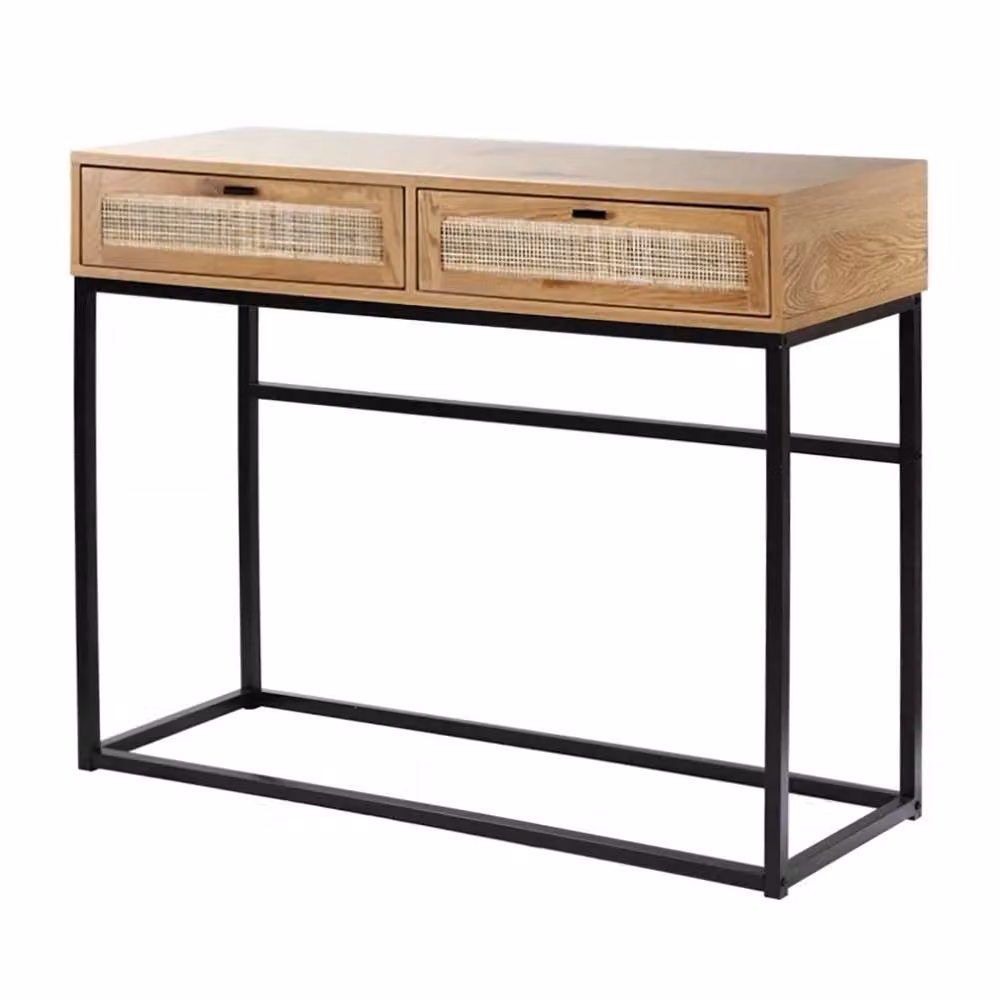 CALICOSY Jaya 2-Drawer Rattan Cane Console Table in Light Brown, W: 100 cm, D: 35 cm, H: 80 cm – 4