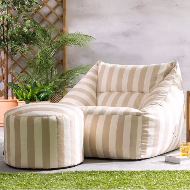 ICON Natalia Striped Armchair Bean Bag and Footstool in Taupe with Water-Repellent Fabric