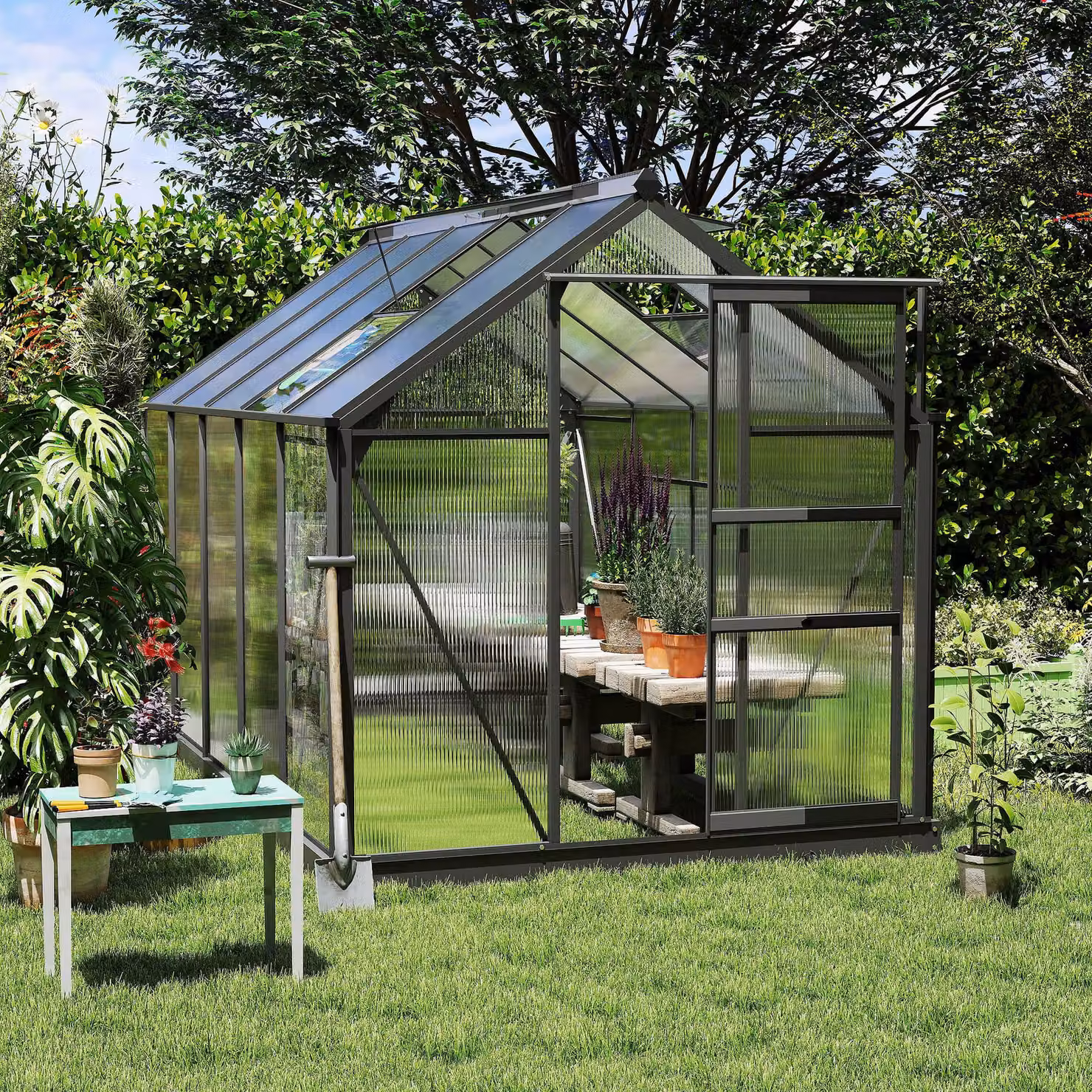 Outsunny Large Walk-In Greenhouse with Transparent Polycarbonate Panels and Aluminium Frame, W/D/H: 182.88 x 190.0 x 201.0 cm – 2
