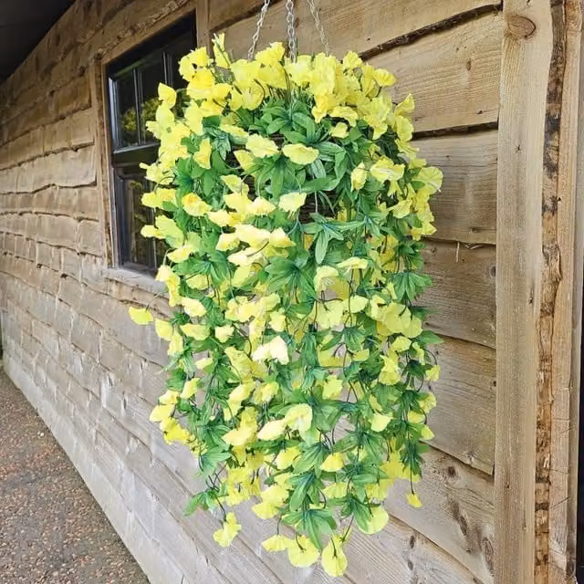 Best Artificial Ltd Yellow Morning Glory Trailing Flowers with Rattan Wicker Hanging Baskets