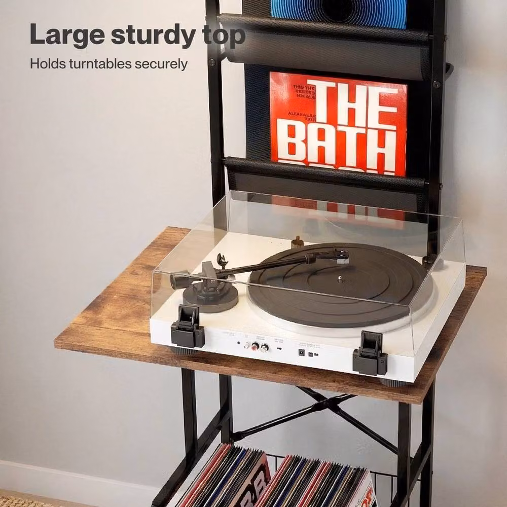 Kelvenix Industrial Brown Wood Record Player Stand and Media Storage Shelf – 3