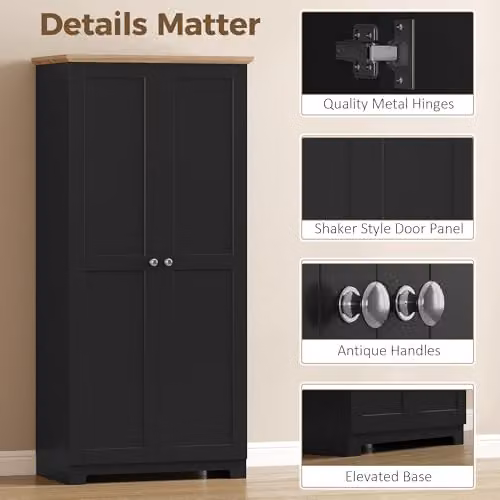 HOMCOM Black Modern Tall Freestanding Kitchen Cupboard and Pantry with 2 Hinged Doors and Internal Shelves, H 172 x W 80 x D 48 cm – 5