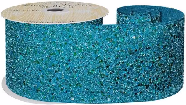 KDMD Peacock Blue Glitter Wired Textile Ribbon, Width: 6.3 cm, Length: 10 yards – 1