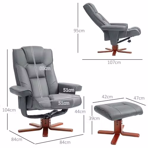 HOMCOM Reclining Armchair with Ottoman and Adjustable Headrest in Grey – 3