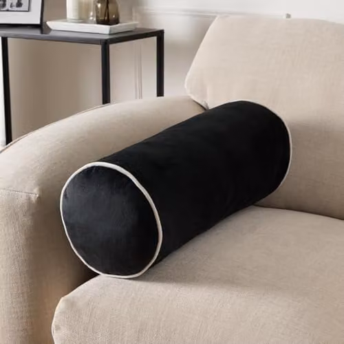 OHS Matte Velvet Bolster Cushion Cylinder Pillow in Black, 46 x 20 cm