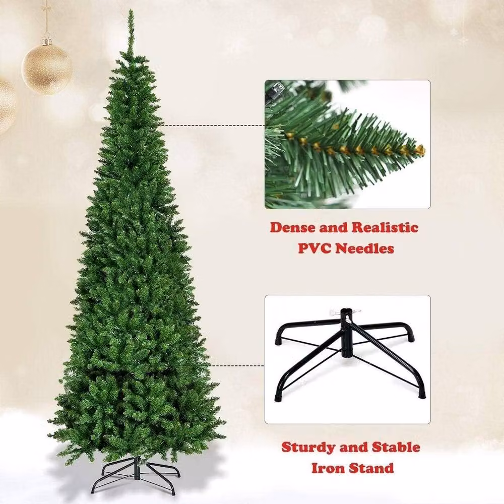 Shatchi Pre-Lit Artificial Slim Green Pencil Christmas Tree with Warm White LEDs and Metal Stand, Height: 152.4 cm – 4