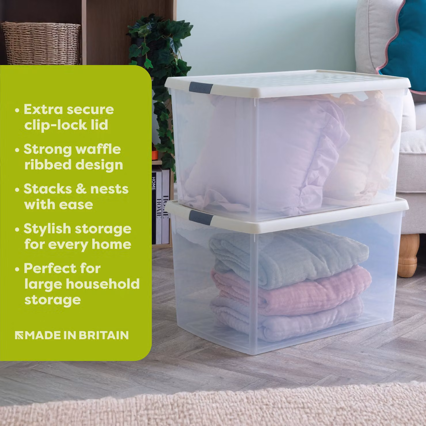 Wham Set of 3 Stackable 62L Rectangular Plastic Storage Boxes with Clip Lock Lids in Beige and Transparent – 2