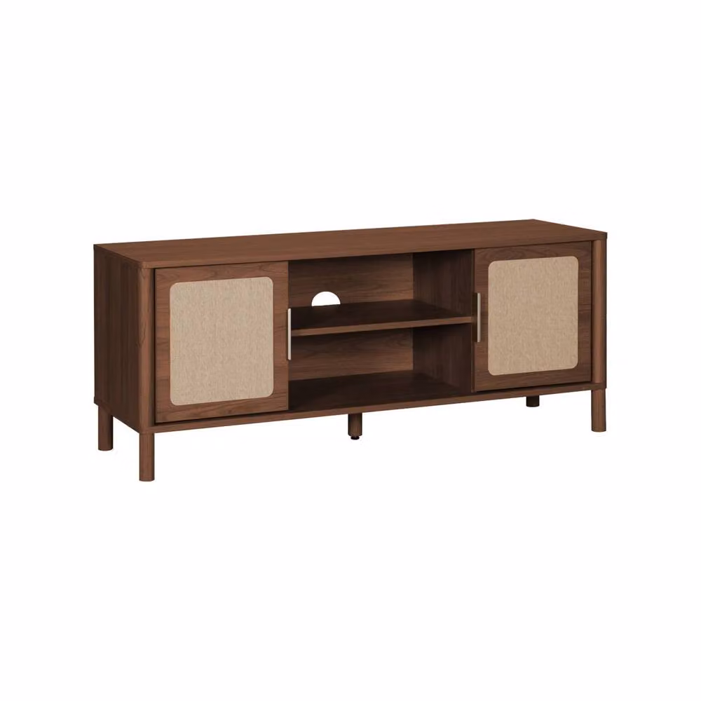 sweeek Mid-Century Vintage TV Stand with Rattan Doors and Wood Decor, Dark Brown, W/D/H: 120 x 39.5 x 50 cm – 2