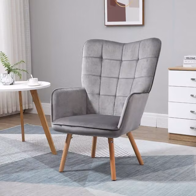 HOMCOM Mid-Century Modern Velvet Wingback Accent Chair with Armrests and Wood Legs in Grey