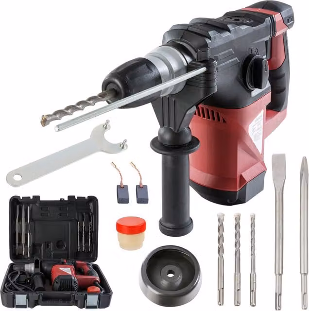 AREBOS 1500W Mains Hammer Drill with Depth Stop and Additional Handle in Red