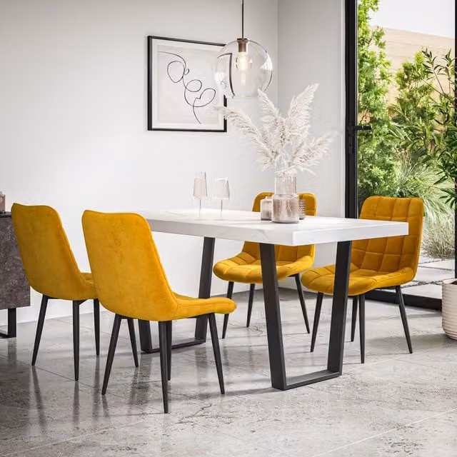More4Homes Aria Dining Table and Nova Velvet Dining Chair Set of 6, White Marble Effect and Mustard Yellow