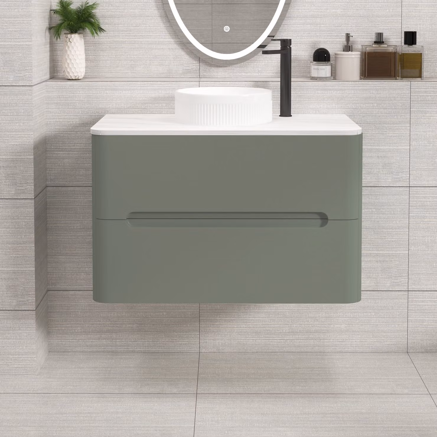 Royal Bathrooms Venice Wall Hung Countertop Vanity Unit with 2 Drawers and Round Basin, Sage Green