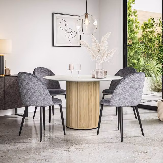More4Homes Arlo White Marble Round Dining Table with Oak Legs and Set of 4 Grey Raye Velvet Dining Chairs, W/D/H: 120 x 120 x 75 cm