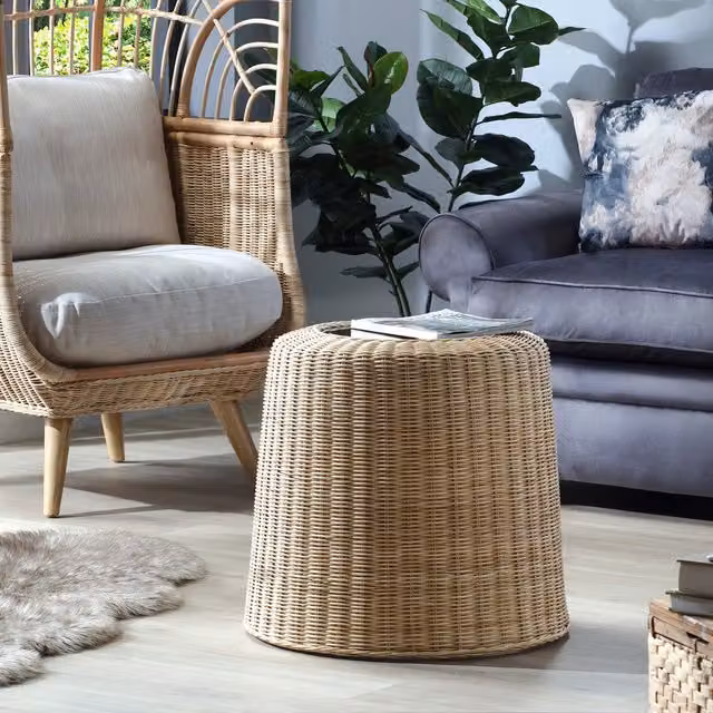 Round Boho Rattan Side Table with Glass Top in Beige