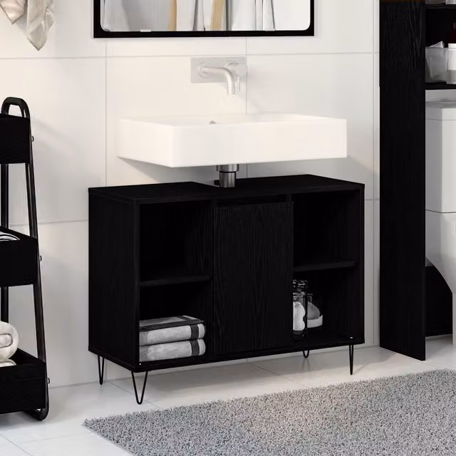 Berkfield Home Black Oak MDF Bathroom Vanity Unit with Sliding Doors and Internal Shelves – 1