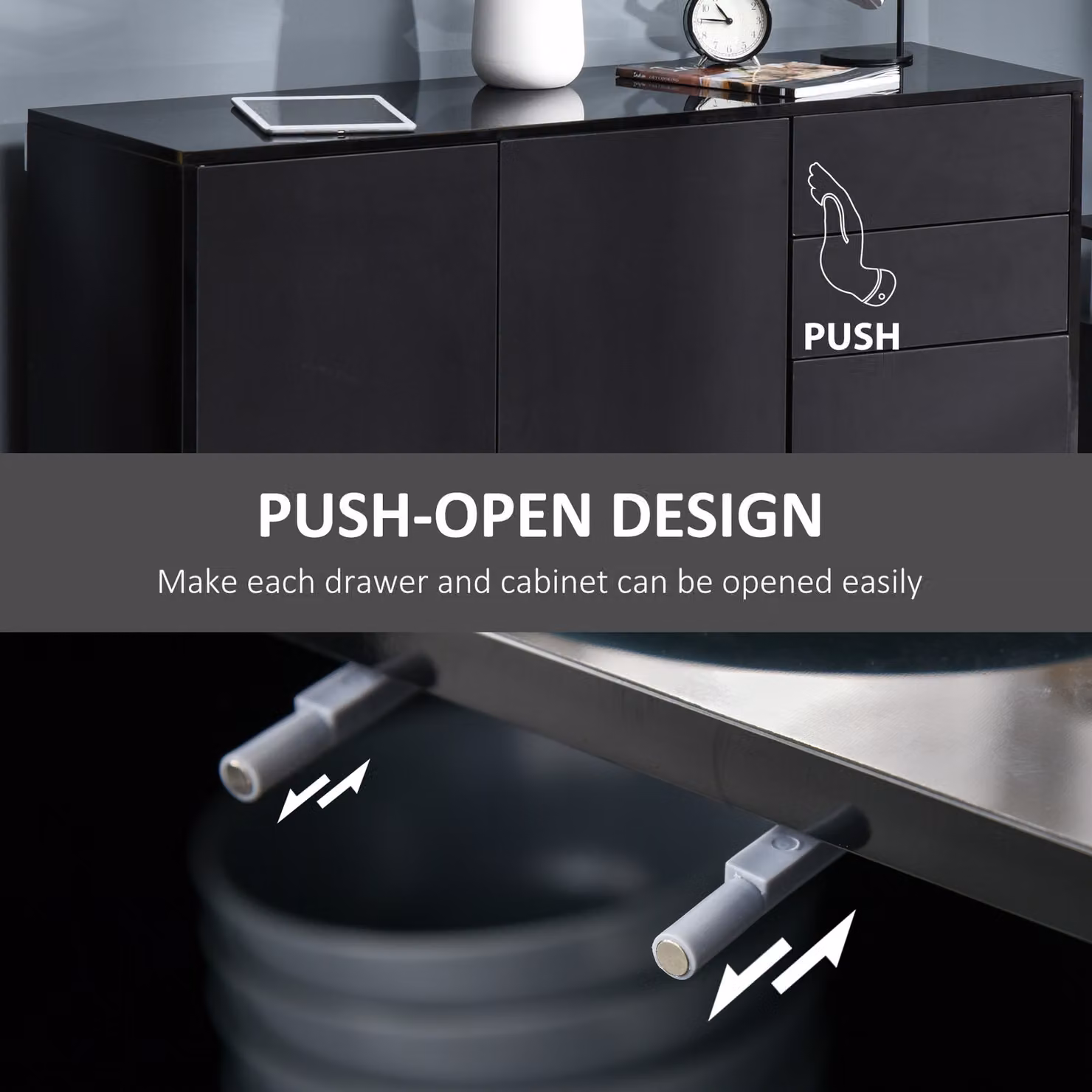 HOMCOM Modern High Gloss Black Sideboard Storage Unit with 2 Drawers and Push-Open Doors, W: 120 cm, H: 74 cm, D: 34.5 cm – 7