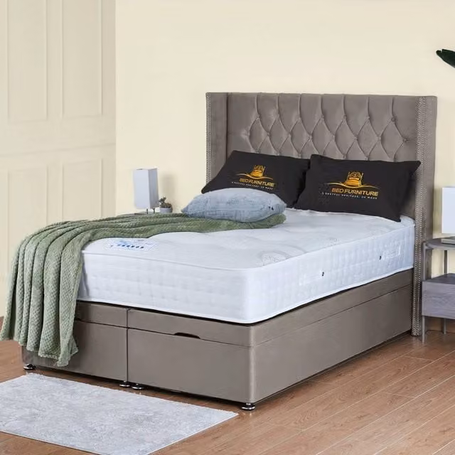 UK Bed Furniture Francesca End Lift Divan Ottoman Bed with 54 Inch Diamond Headboard in Light Beige, Size: Super King, W/D/H: 200 x 137.16 x 200 cm