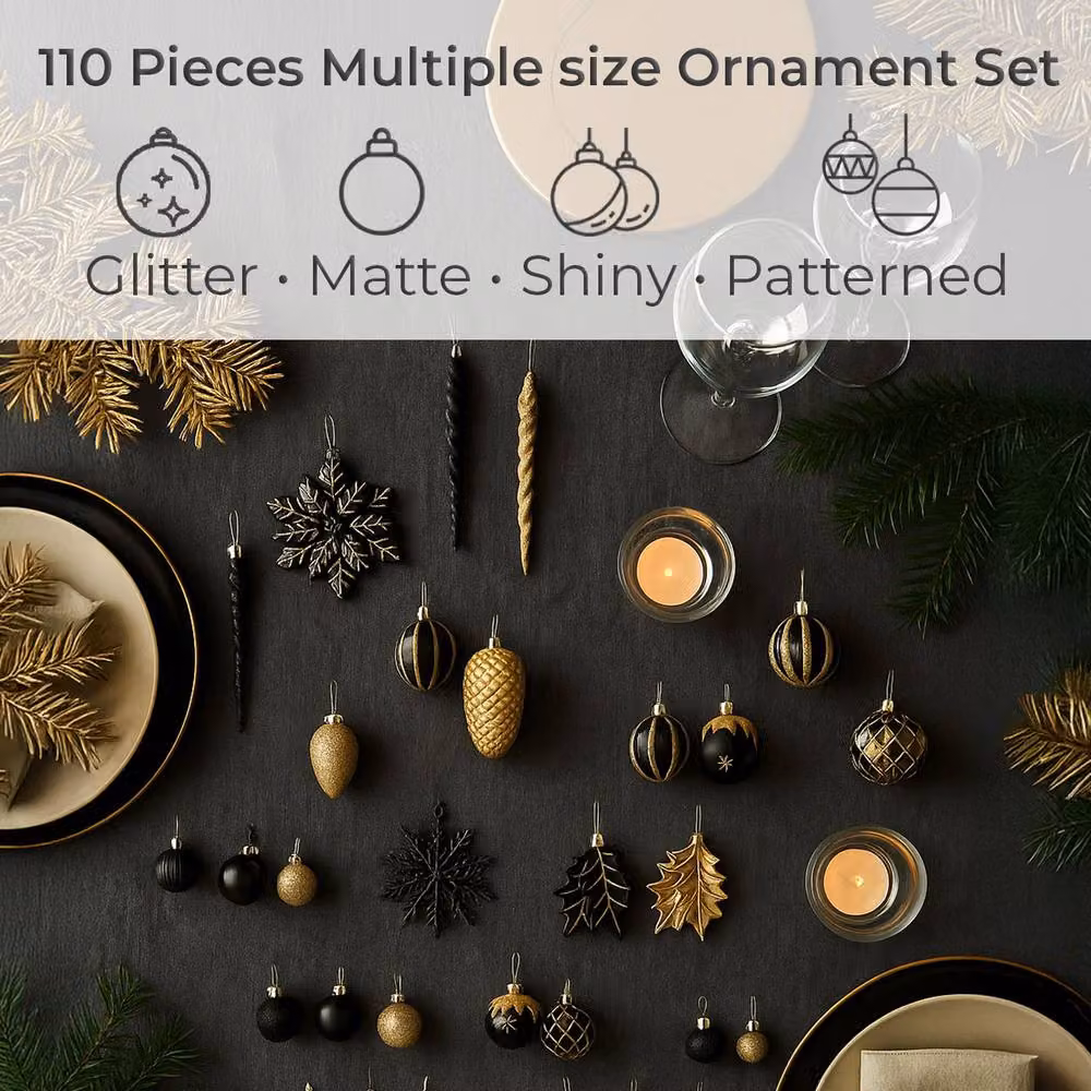 Neo 110-Piece Black Christmas Tree Bauble Ornament Set with Abstract Flower and Star Designs – 3