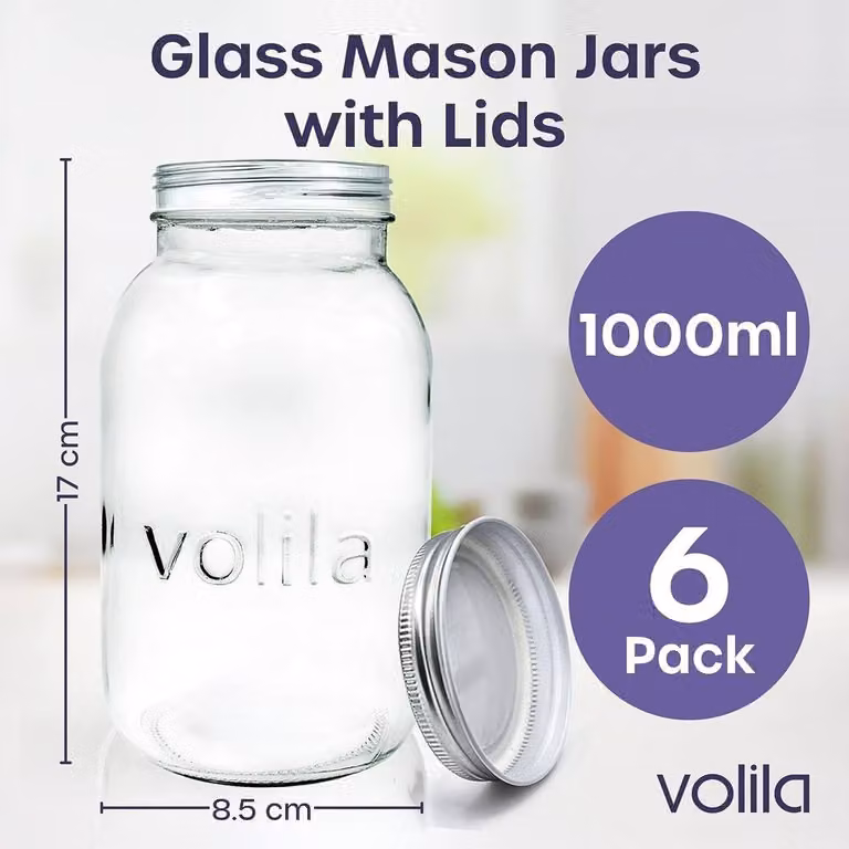 Volila Glass Mason Jars with Screw Lids, 1000 ml, Clear, 6 Pack