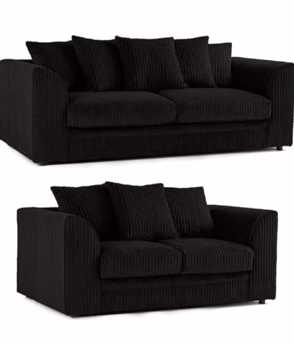 SofaSelection Jumbo Cord 3 and 2 Seater Sofa Set in Black with Scatter Cushions and Solid Wood Frame – 1