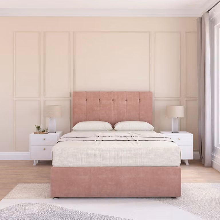 Sloomy Highbury King Size Divan Bed Base and Floor Standing Headboard in Pink Velvet