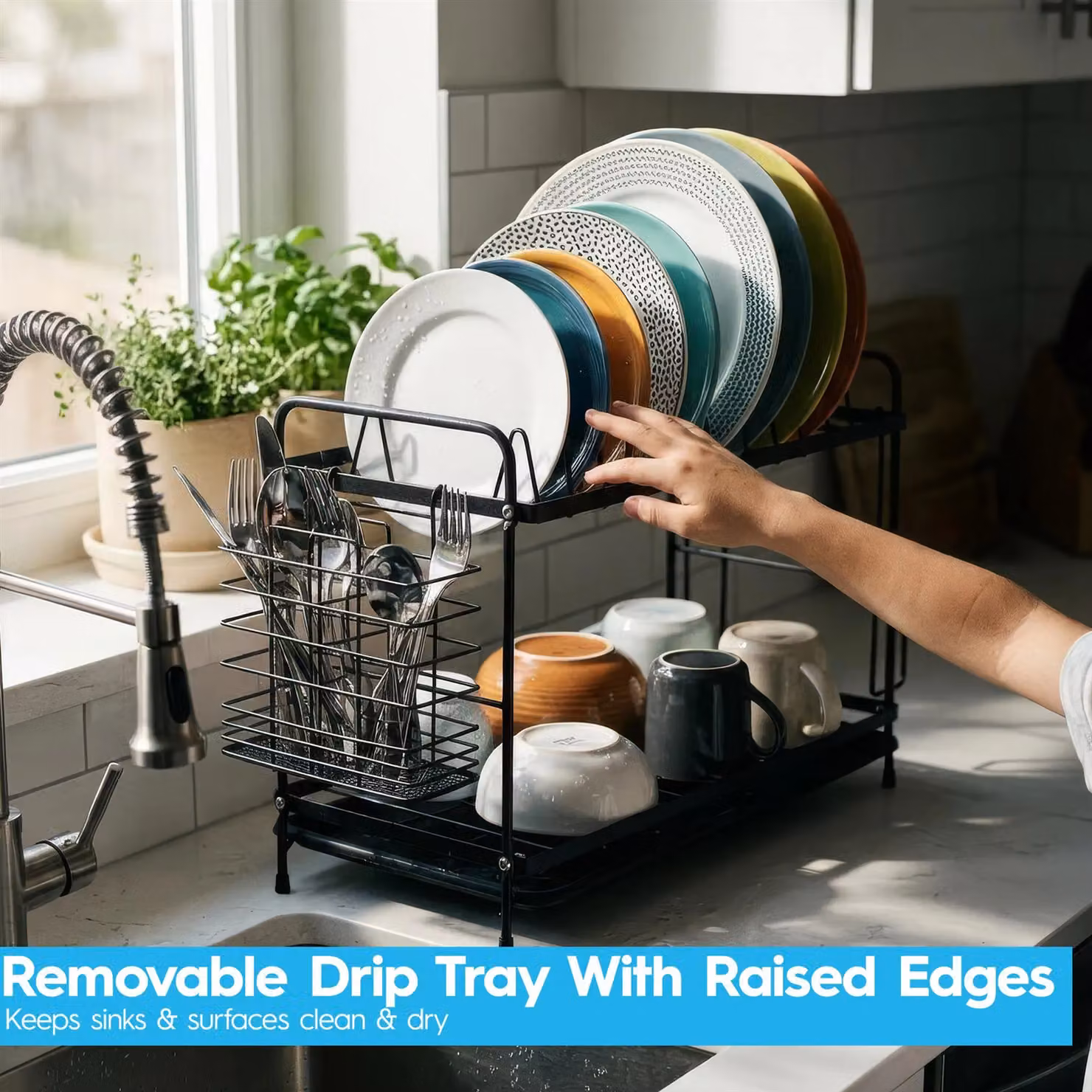 Harbour Housewares 2 Tier Metal Dish Drainer Rack with Drip Tray and Cutlery Holder, Black, W/D/H: 40.0 x 30.0 x 21.0 cm – 9
