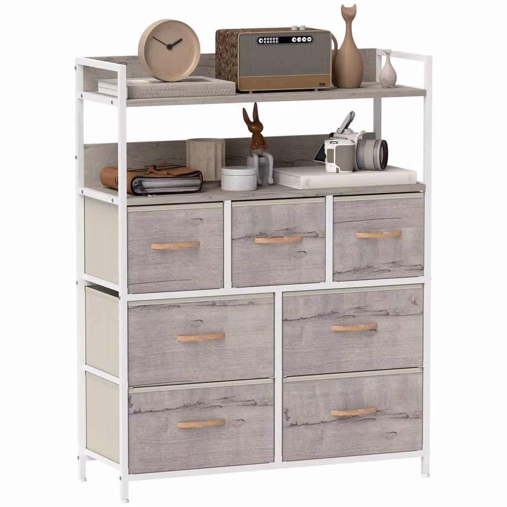Wyld Haus Rile 7 Drawer Fabric and Wood Storage Chest in White and Natural Wood, W/D/H: 101 x 29 x 79 cm – 2