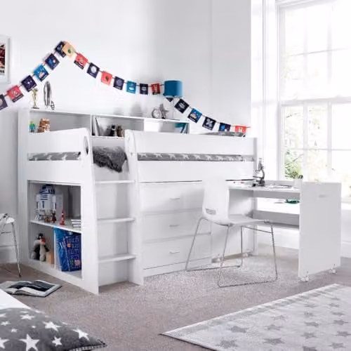 Bedmaster Ersa Mid Sleeper Storage Bed with Desk and Mattress for Kids, White