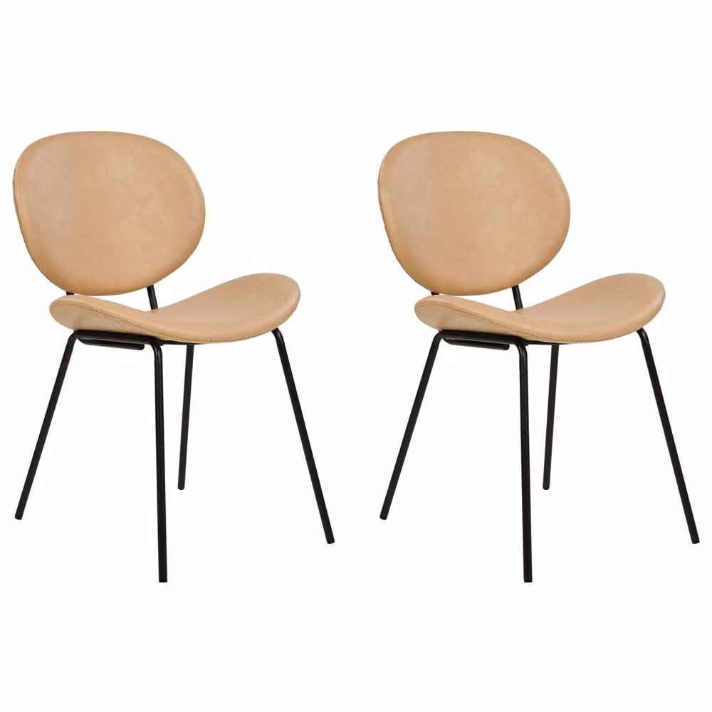 Wyld and Coco Set of 2 Armless Dining Chairs in Sand Beige Faux Leather with Black Iron Legs – 2