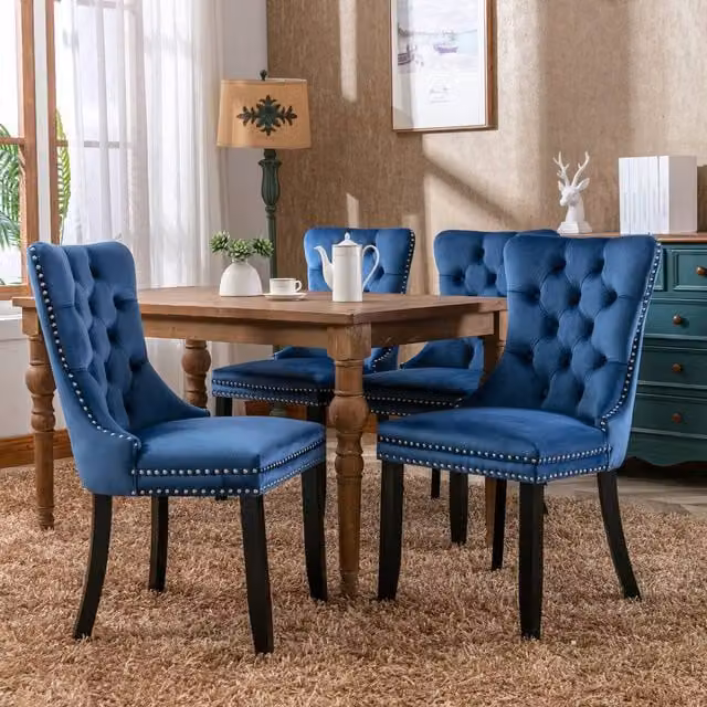 Modern Home Touch Romsey Set of 4 Blue Velvet Upholstered Dining Chairs with Oak Legs and Knocker Ring Back – 1