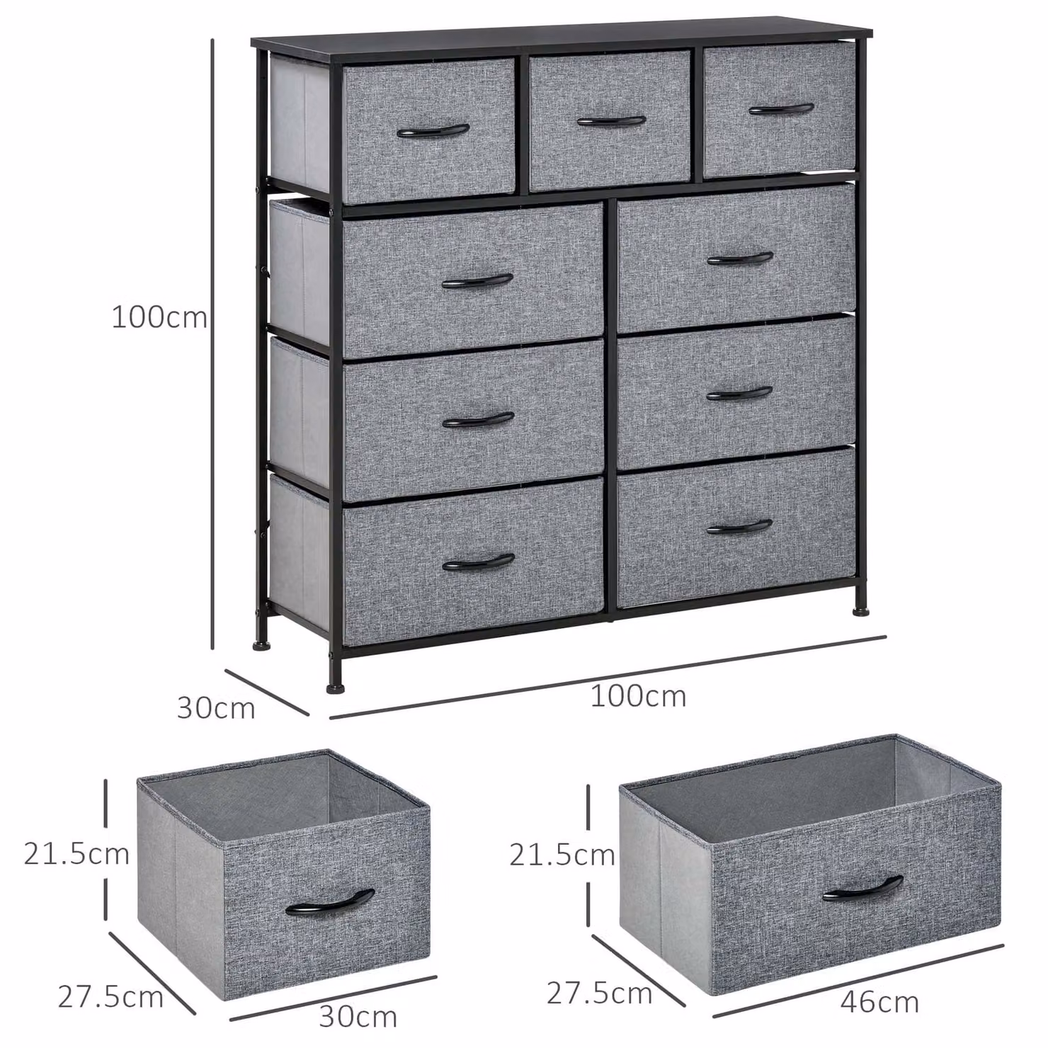 HOMCOM 9 Drawer Storage Chest Dresser with Fabric Bins in Black and Grey – 3