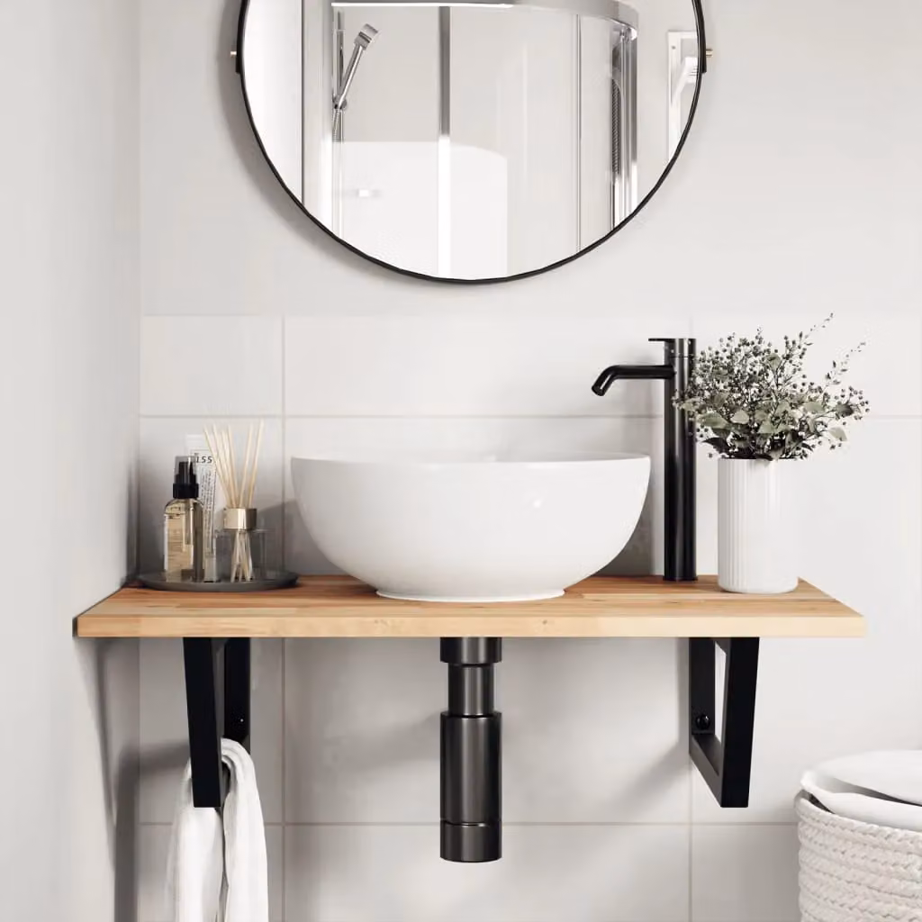 Berkfield Home Wall Mounted Basin Shelf in Brown Acacia Wood and Steel – 2