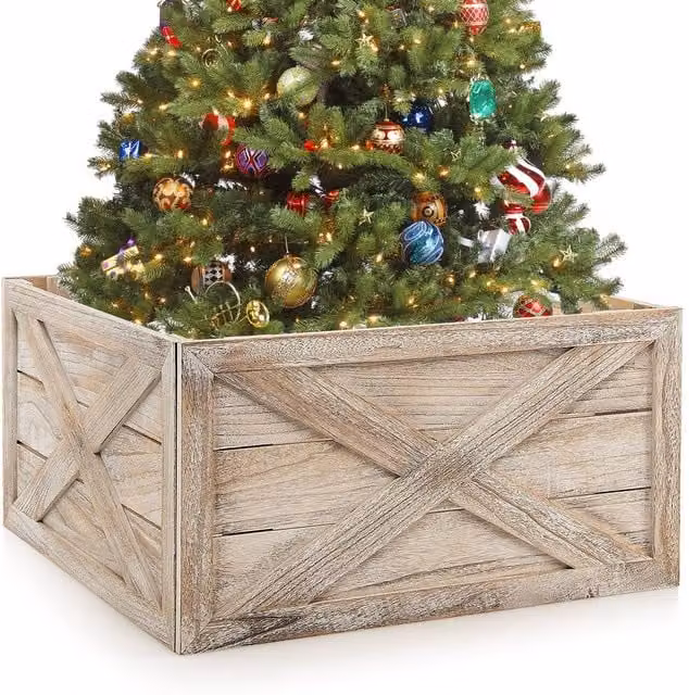 Gymax Solid Wood Vintage Christmas Tree Collar Box in Light Brown – 1