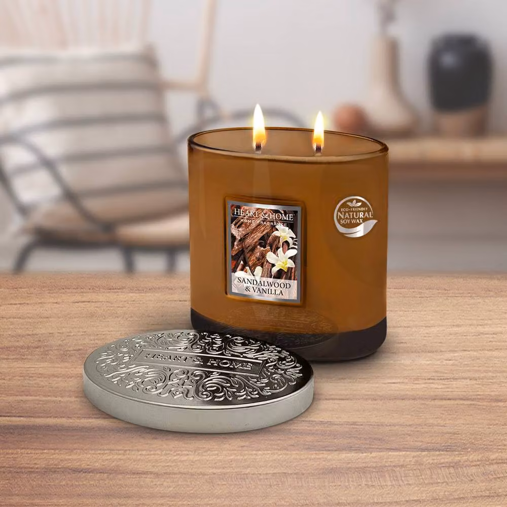 Heart and Home Sandalwood and Vanilla Twin Wick Ellipse Soy Wax Candle in Brown – 3