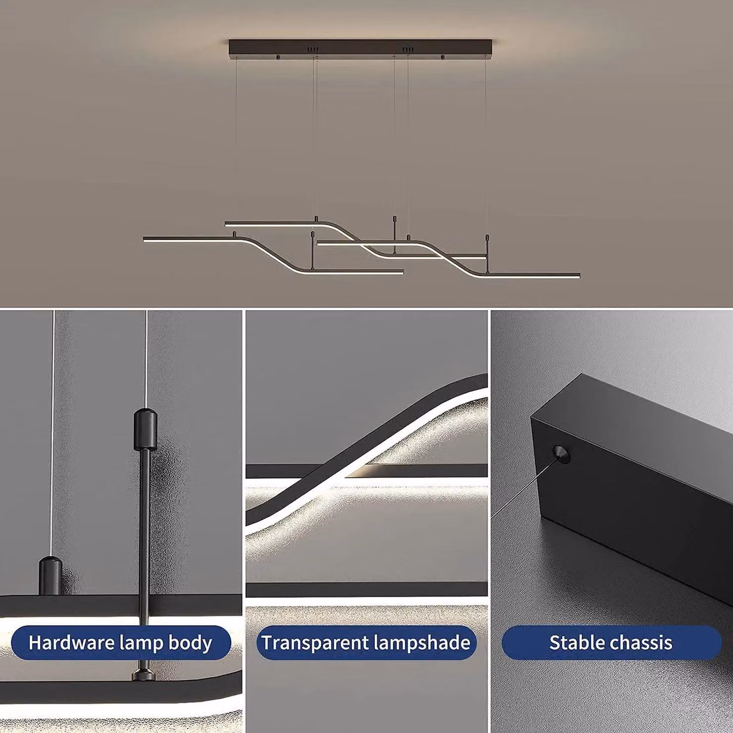 Garwarm Black Dimmable LED 3-Light Wave Linear Pendant Light with Remote Control for Kitchen or Dining Room – 3