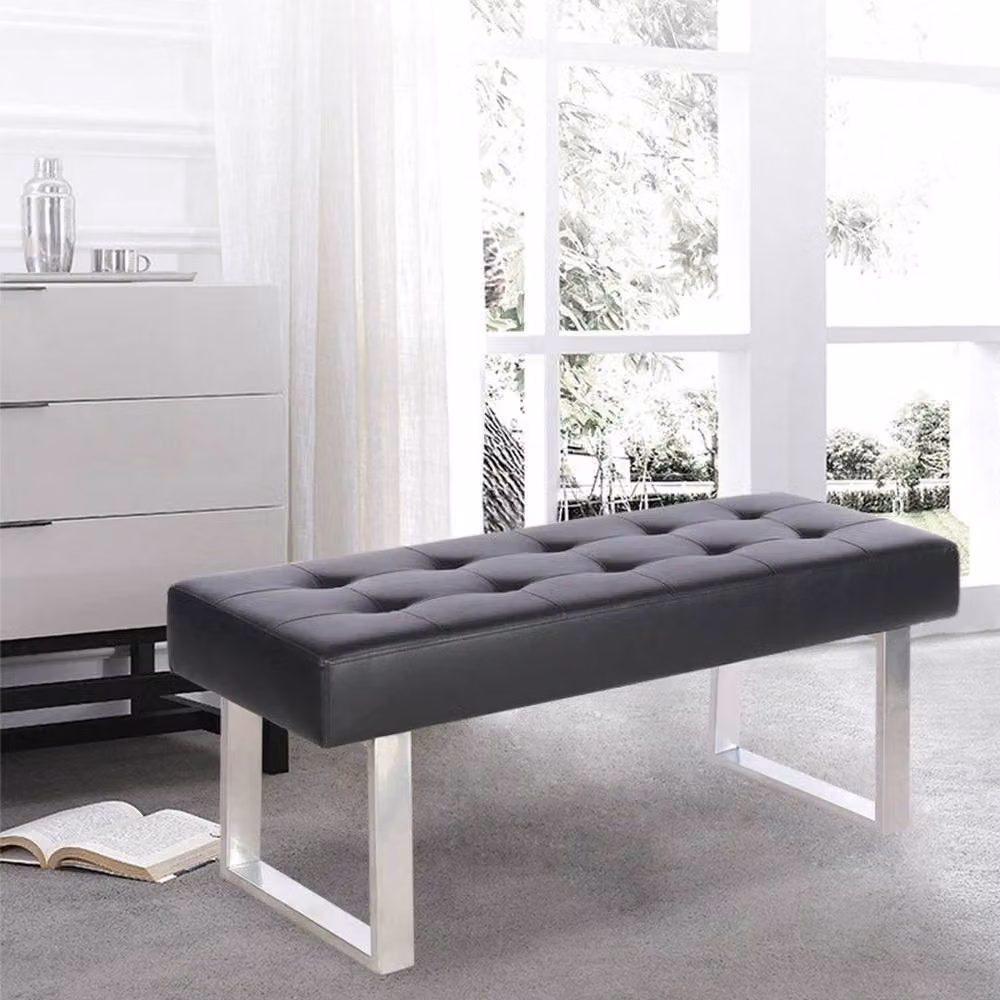 KORVIXA Black Synthetic Leather Dining Bench with Chrome Metal Legs – 4