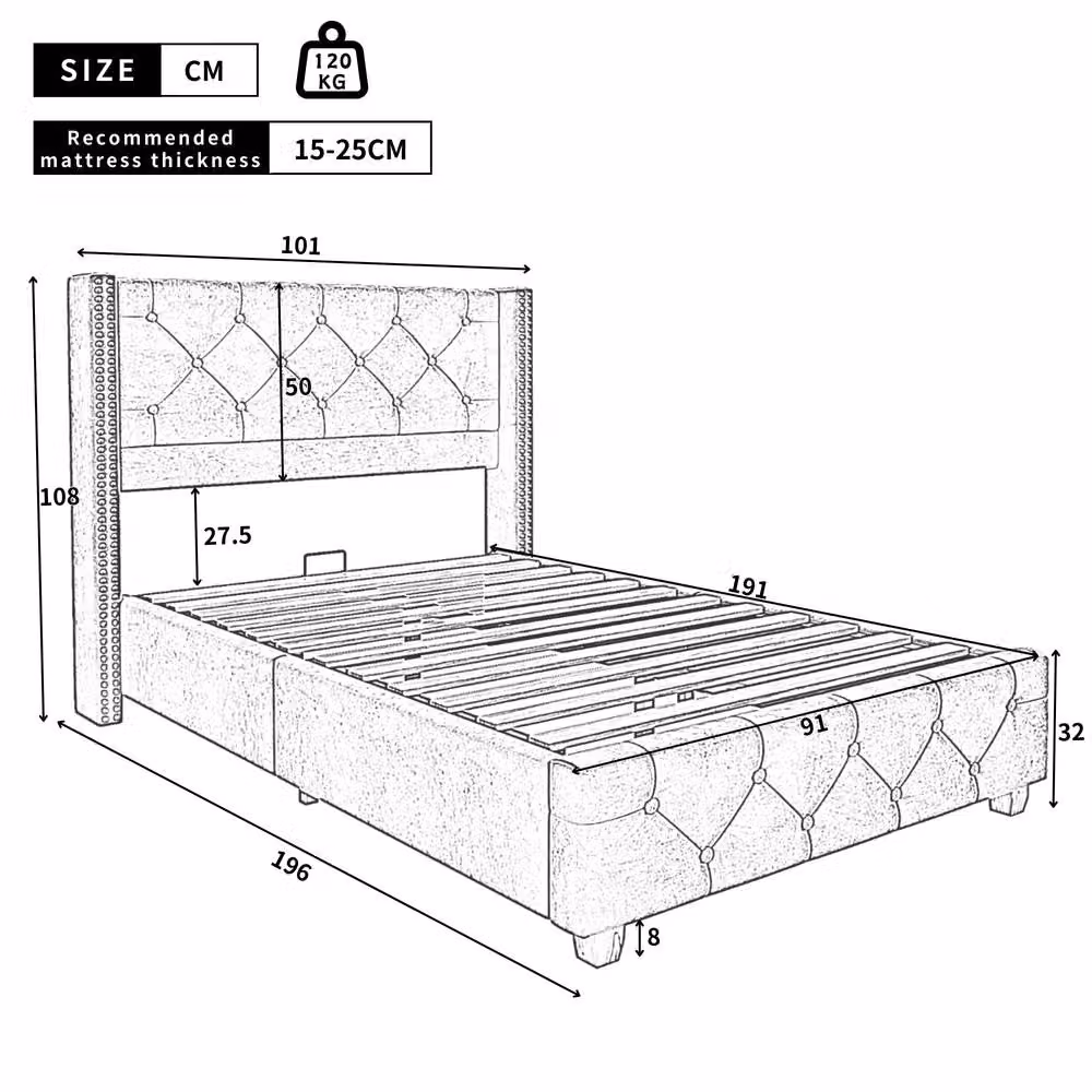 Matteo Grey Velvet Upholstered Single Bed W/D/H: 90 x 190 x 108 cm – 3