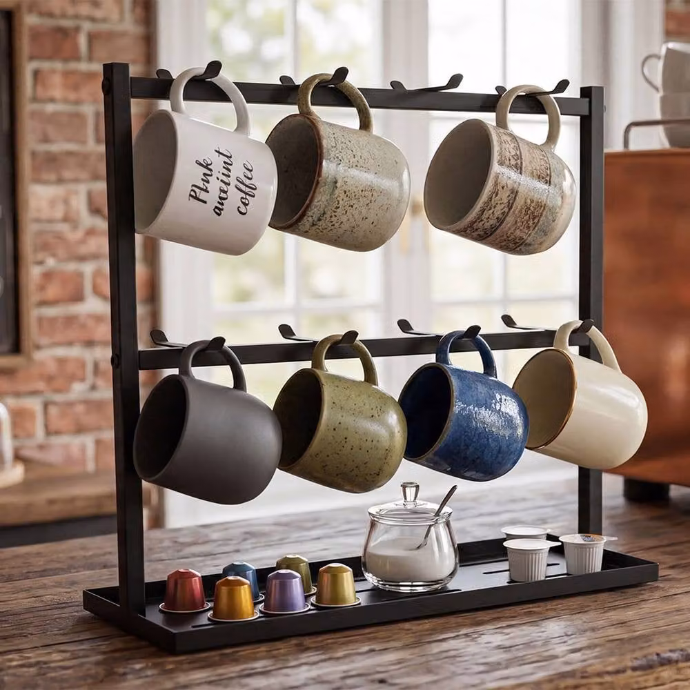 Levede Black Metal Mug Holder Stand with 16 Hooks, Freestanding Countertop Coffee Cup Rack Organiser, W: 42.0 cm, D: 15.0 cm, H: 12.0 cm – 2
