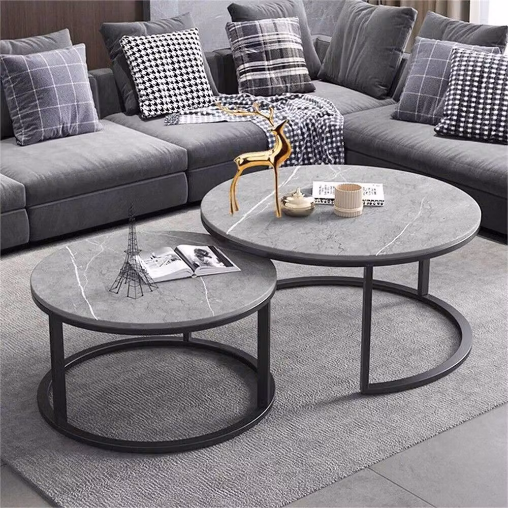 Nordara 2-Piece Grey Marble Round Nesting Coffee Table Set with Industrial Sled Base – 2