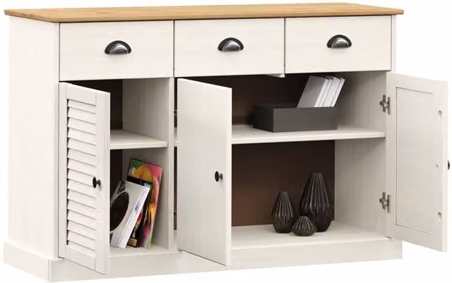Berkfield Home VIGO Sideboard with Drawers in White Waxed Solid Pine Wood, W/D/H: 113 x 40 x 75 cm