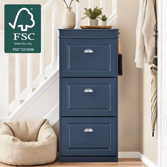 SoBuy Slim Shoe Cabinet with Tilting Compartments and Hinged Doors in Matt Blue