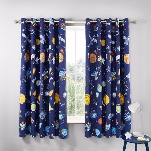 Catherine Lansfield Lost In Space Reversible Eyelet Curtains, Blue and Grey, W: 168 cm, H: 183 cm