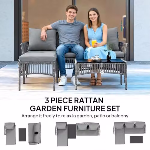 Outsunny 3 Piece Rattan Garden Furniture Set with Cushions, Grey – 3